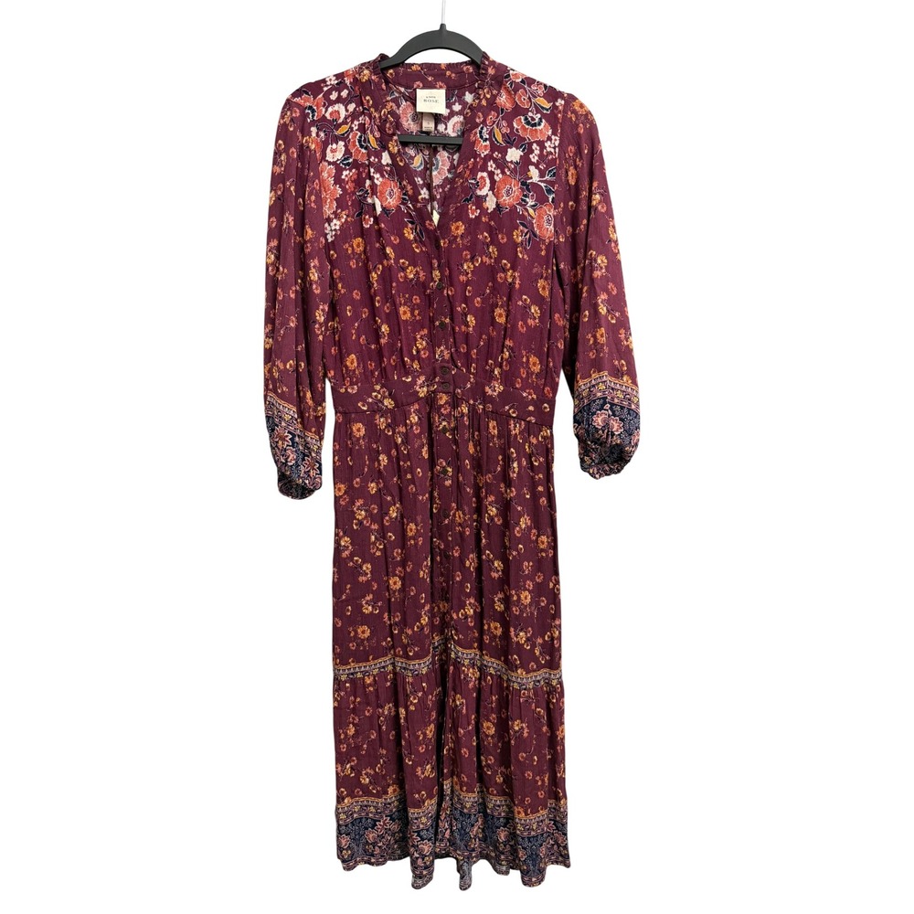 Knox Rose Floral Midi Dress Mulberry Purple Boho Long Sleeve Small Cottagecore